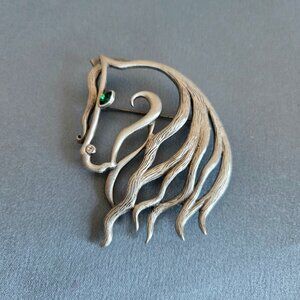 Vintage JJ pewter large brooch with green and clear rhinestones.